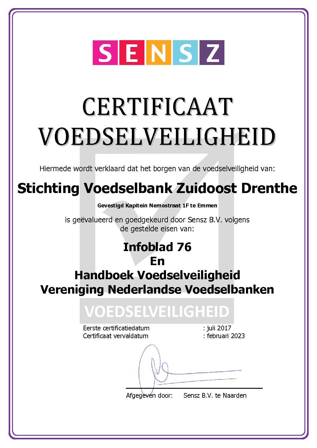 Certificaat Voedselveiligheid Senz